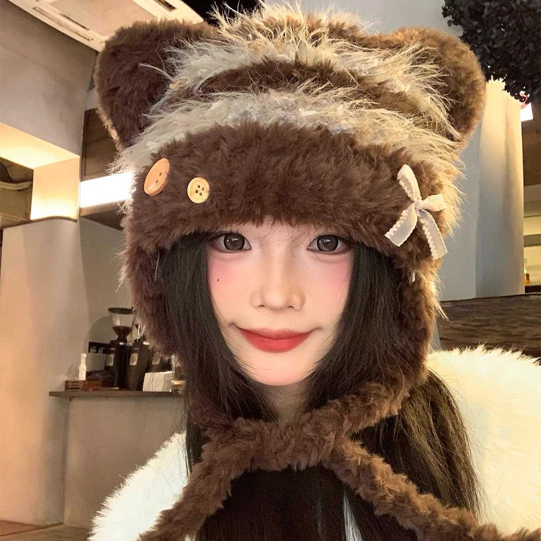 甜美可爱猫耳朵蝴蝶结毛绒帽子女2025新款秋冬保暖显脸小护耳帽潮