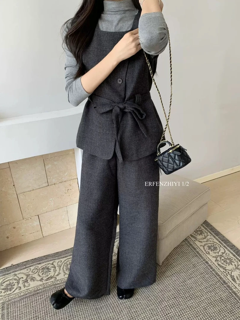 圆领羊毛呢无袖马甲打底衫+阔腿裤三件套女欧货2025秋季新款套装