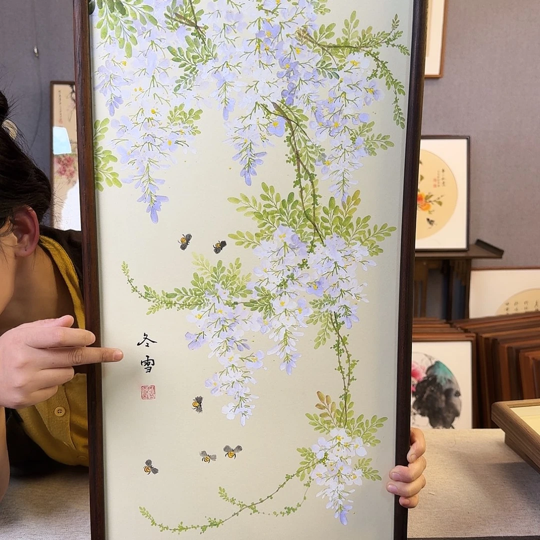 国画纯手绘，纯手写带框尺寸：36×69厘米