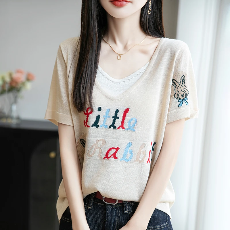 时尚常规款短袖修身型针织衫透气V领夏季百搭T恤小众薄款上衣