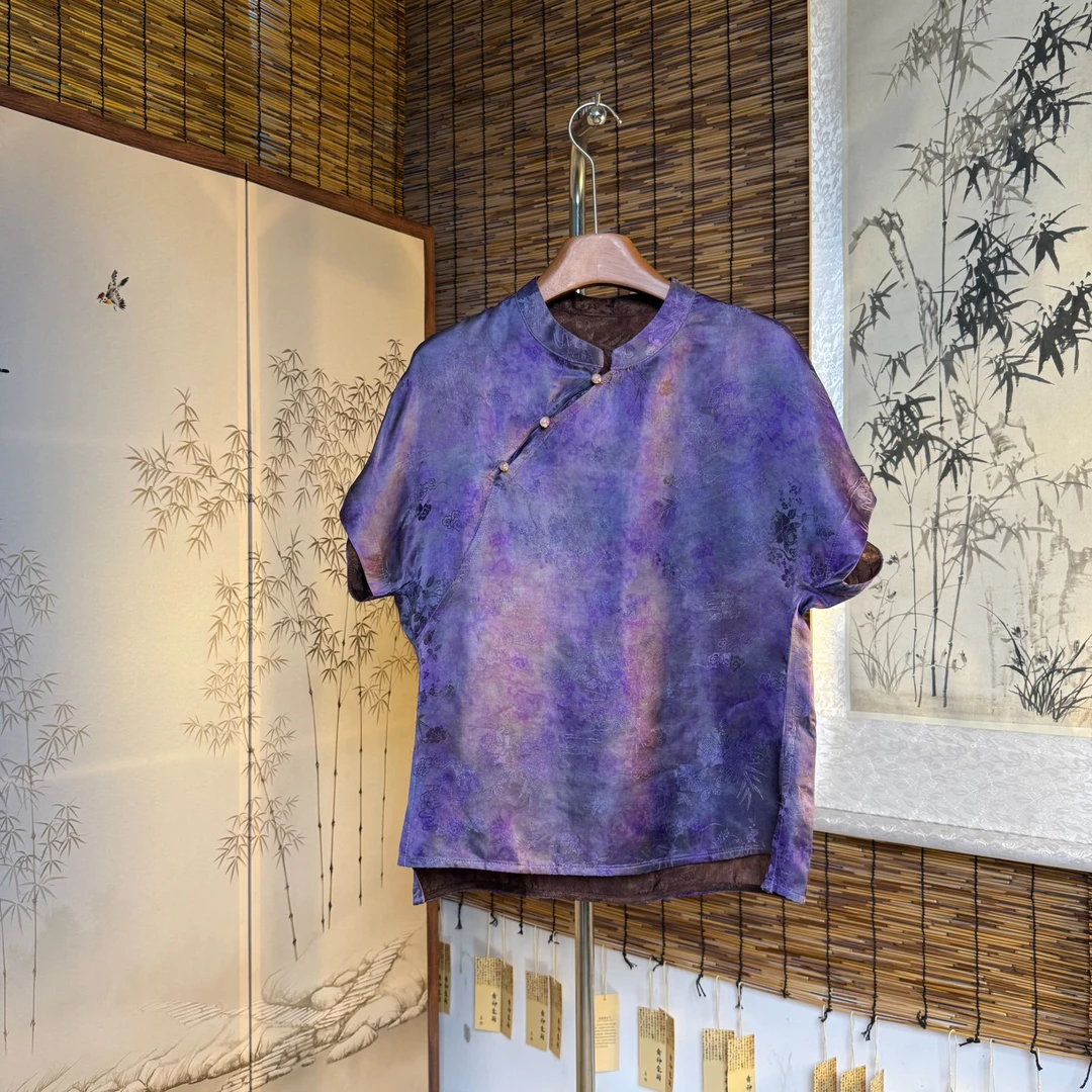 【罗兰1086】紫色提花包肩袖上衣