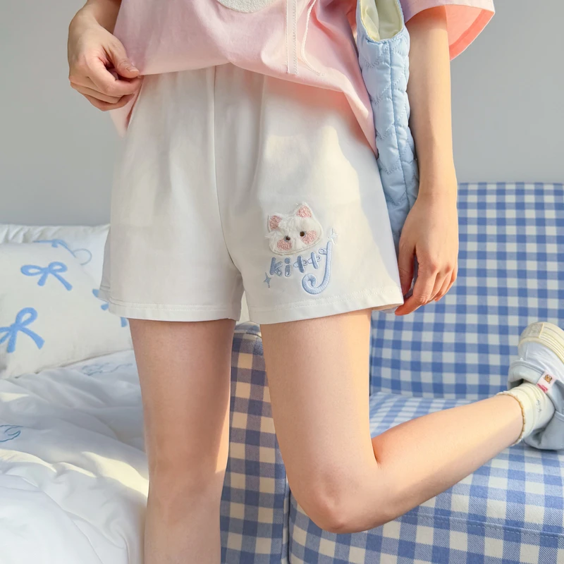 森女部落原创可爱立体设计感卡通猫咪简约短裤运动休闲裤松紧高腰