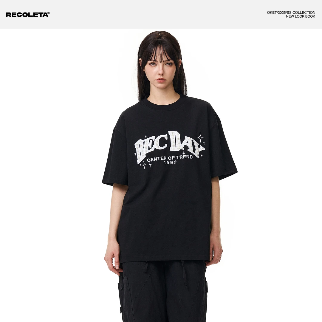 RECOLETA美式复古小香贴布珍珠字母短袖t恤男女宽松半袖国潮春夏