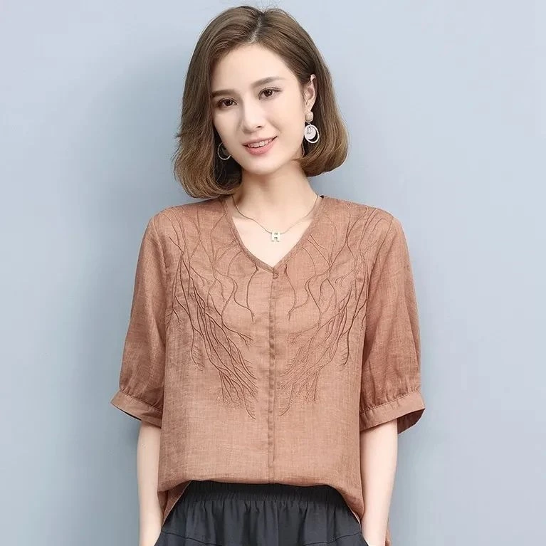 棉麻上衣女新款短袖T恤减龄妈妈小衫遮肚子 夏季棉麻薄款上衣