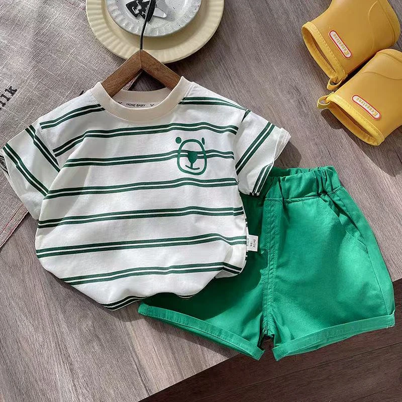 休闲帅气半袖男宝条纹男夏款5岁男童套装常规夏季清新韩版时尚