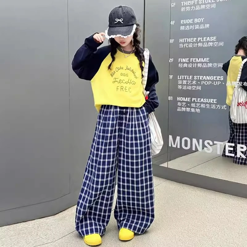 女童春装套装2025新款儿童洋气长袖t恤大童女孩时髦阔腿裤两件套