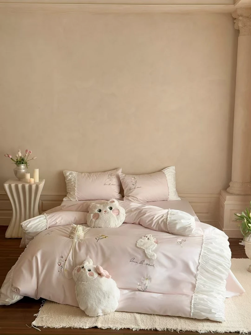 春夏新款小清新可爱猫咪贴布绣款四件套（春日小猫）