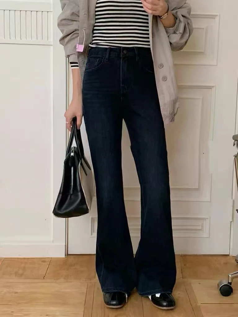 SU【383-1】代F 愫心 牛仔裤女深色加绒高腰显瘦十分长喇叭裤拖地裤