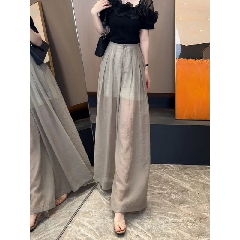 卡其色收腰凸显身材薄款阔腿裤2025夏季新款高腰显瘦清凉舒适裙裤