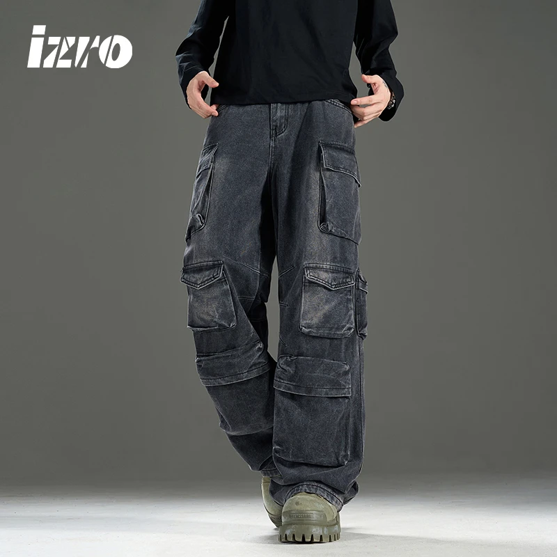 IZRO中性风 重工宽松时尚水洗直筒百搭男女同款多口袋工装牛仔裤