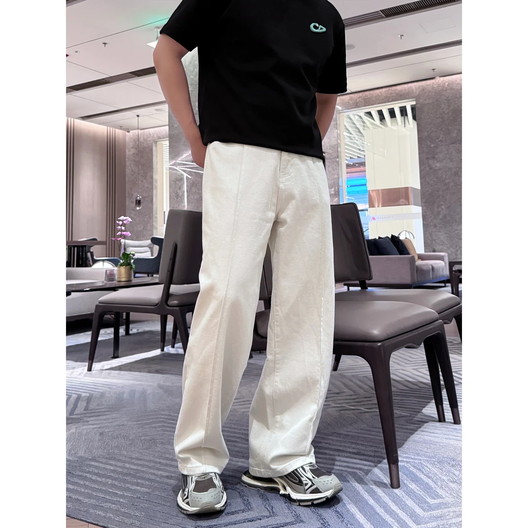 欧式老钱折线白牛纯色高级感男装显高松弛感通勤百搭直筒休闲男裤