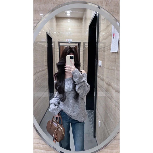 法式一字肩套头长袖针织衫女春秋高级感露肩深秋韩系上衣裤子套装