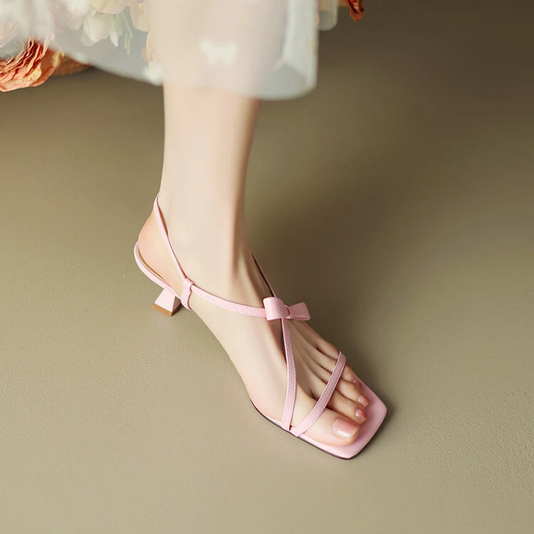 一字带法式凉鞋女款夏季方头猫跟细跟温柔仙女风蝴蝶结白色高跟鞋