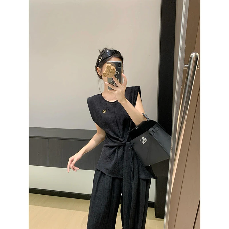 时尚套装高端韩系2025夏日新款休闲时尚气质无袖背心阔腿裤两件套