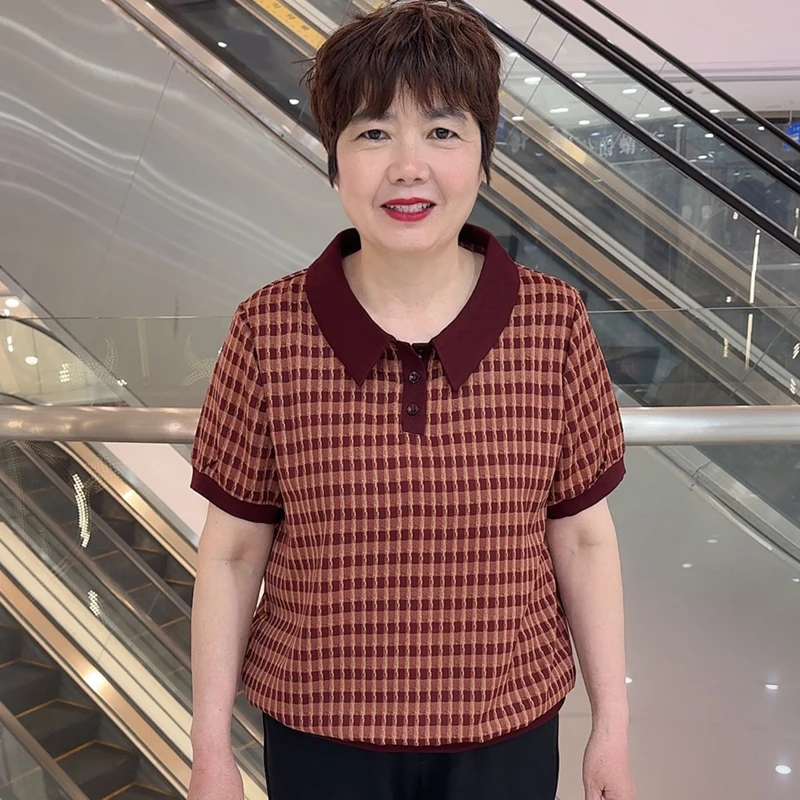 6832-2 夏季中老年洋气妈妈装休闲百搭格子宽松显瘦翻领薄款短袖