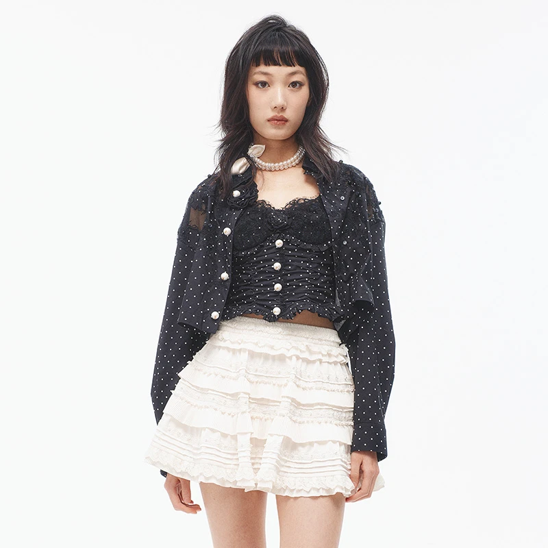 LE FAME/拉飞姆2025夏季新品黑色修身波点镂空短款外套