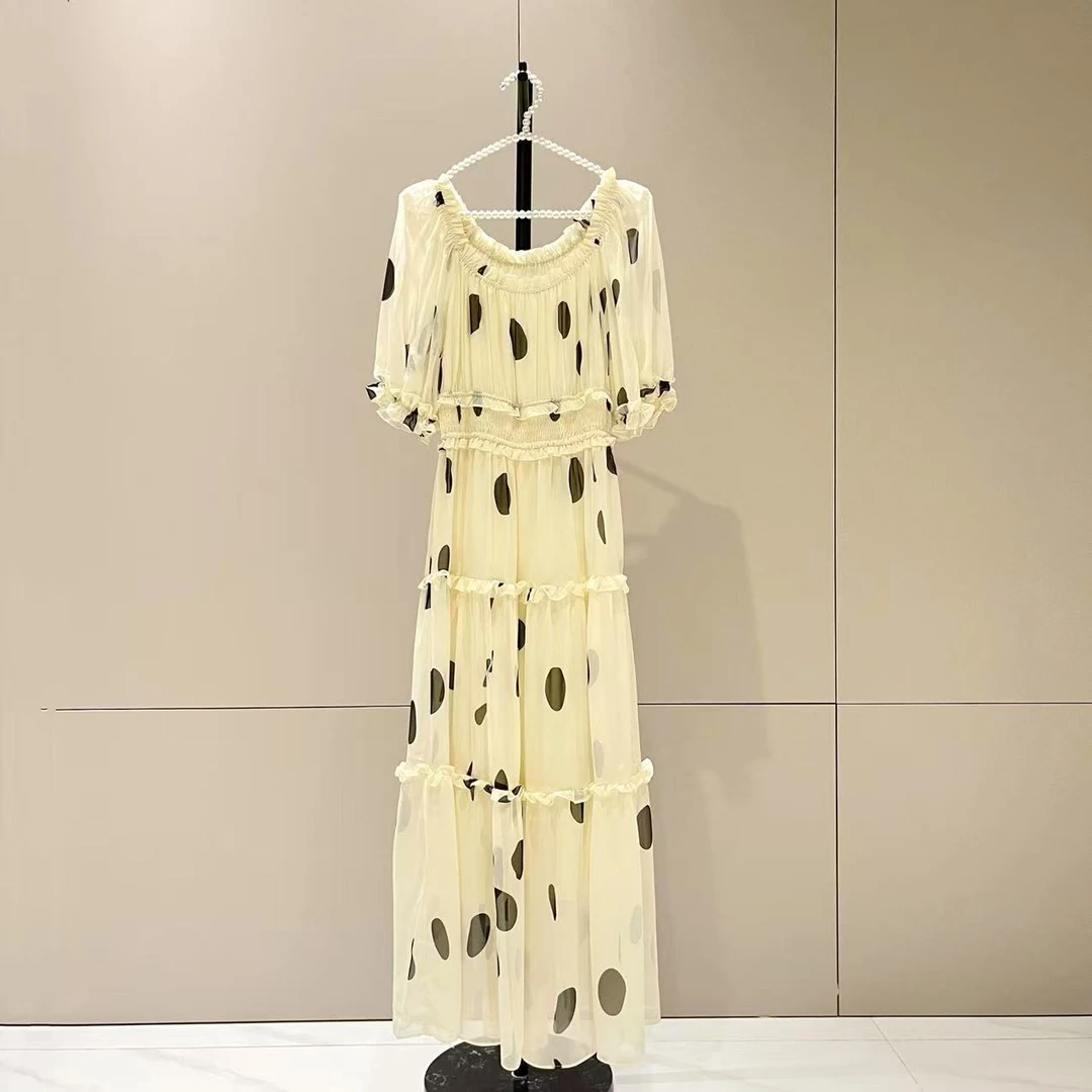 复古波点法式高端气质灯笼袖收腰褶皱连衣裙