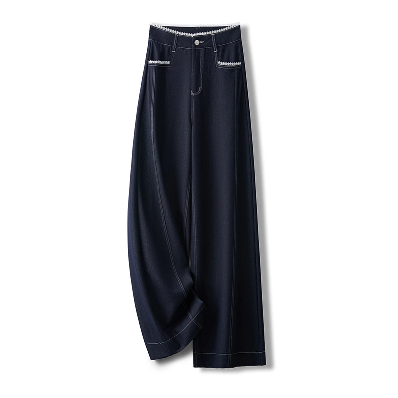 丹宁蓝休闲百搭阔腿牛仔裤女2025夏季薄款新款气质高腰休闲直筒裤