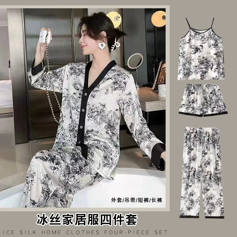 水墨画四件套国潮风睡衣时尚夏季宽松舒适印花冰感家居服套装盒装