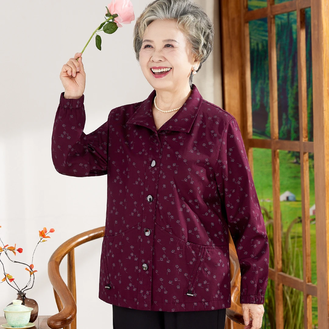 中老年人女装奶奶春秋100%纯棉外套短款休闲上衣妈妈夹克奶奶风衣