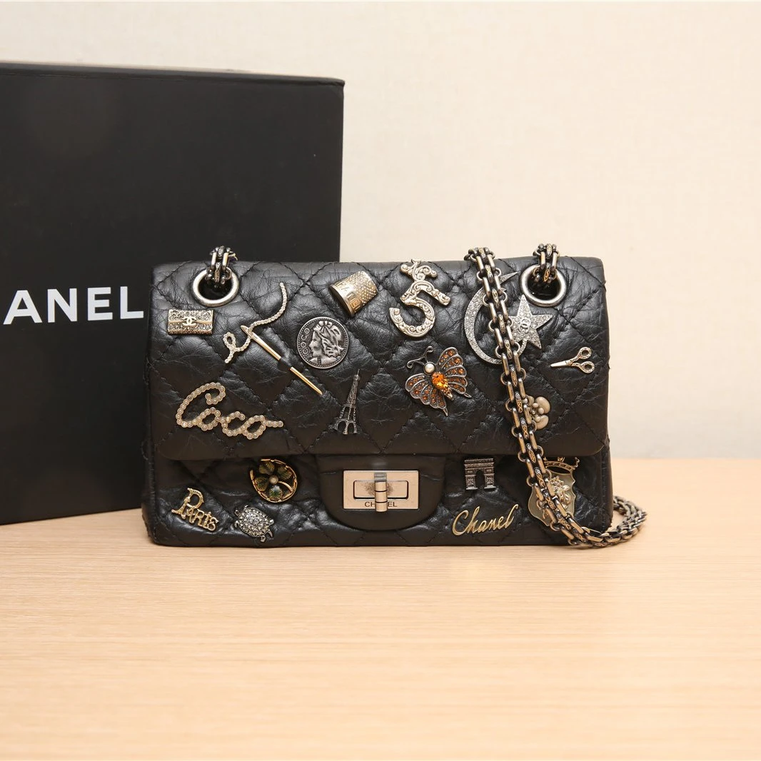 95新 Chanel/香奈儿 小花Jerry活动2.55 口盖包迷你 黑色20开银扣