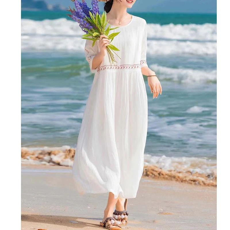 海边度假连衣裙女夏季2025新款苎麻长裙大码胖mm遮肚显瘦直筒裙子