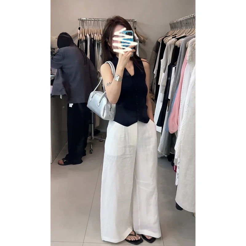 2025夏季新款女法式高级感翻领纽扣无袖上衣气质高腰显瘦阔腿长裤