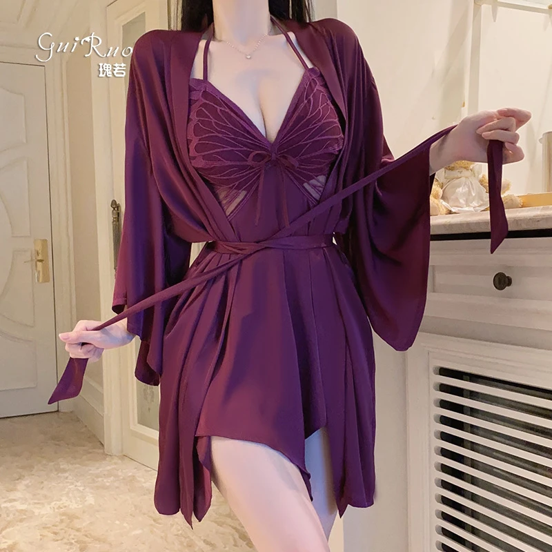 瑰若性感蕾丝加胸垫深V诱惑挂脖吊带睡裙外袍家居套装P3945