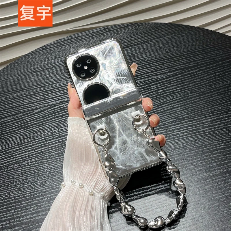 适用华为pocket2手机壳新款pocket 2全包防摔保护套羽毛手提链条