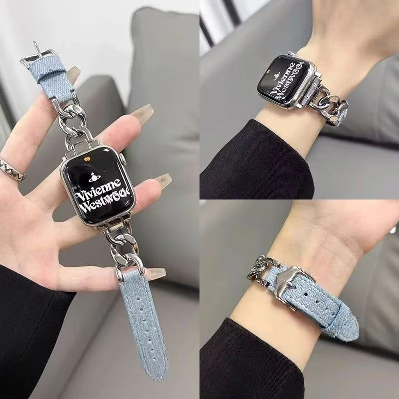 适用苹果iwatchS9/8/7表带复古牛仔链iwatchs10手表65432代小众se