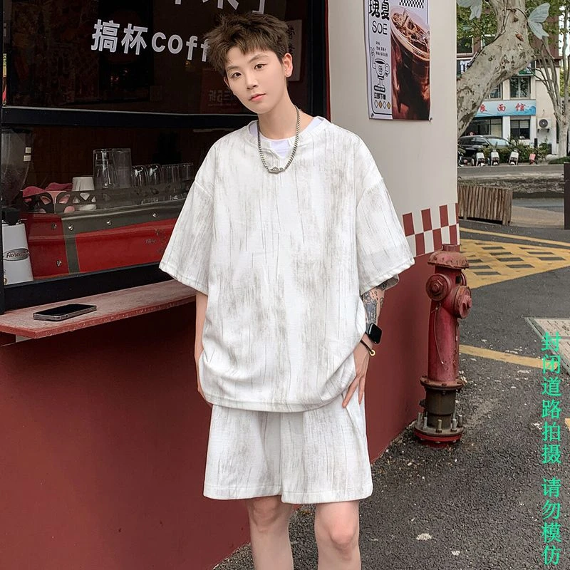 冰丝套装男2025夏季新款扎染潮流五分袖短裤百搭休闲速干透气套装