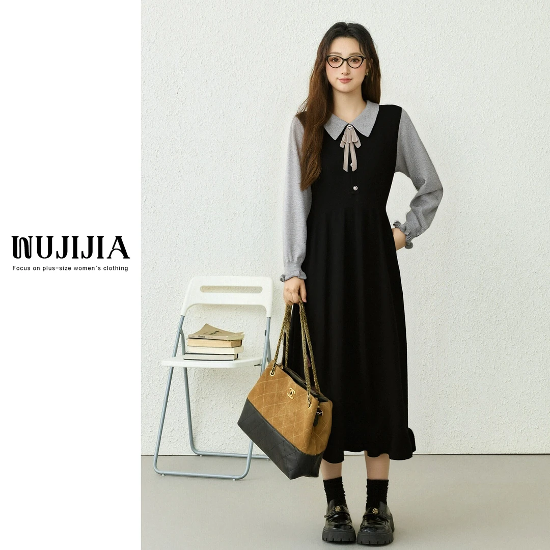 黑色假两件中长款连衣裙秋冬工作室裙子GZG7387