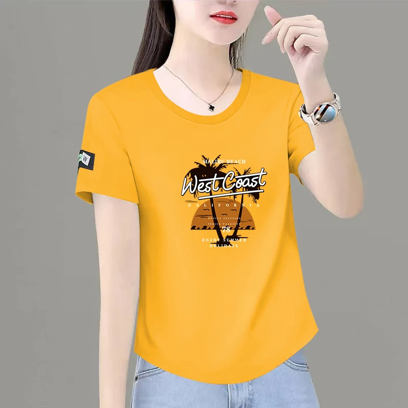 100纯棉短袖女夏季新款宽松显瘦百搭印花t恤圆领上衣女体恤时尚女