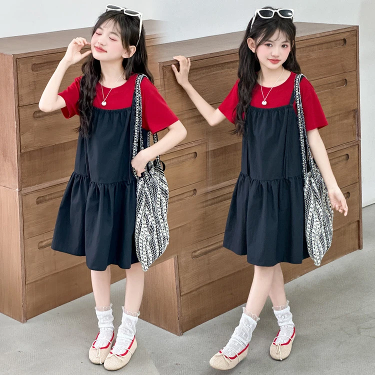 女童夏季短袖背带裙套装2025儿童6-12岁15时尚女孩宽松洋气背带裙