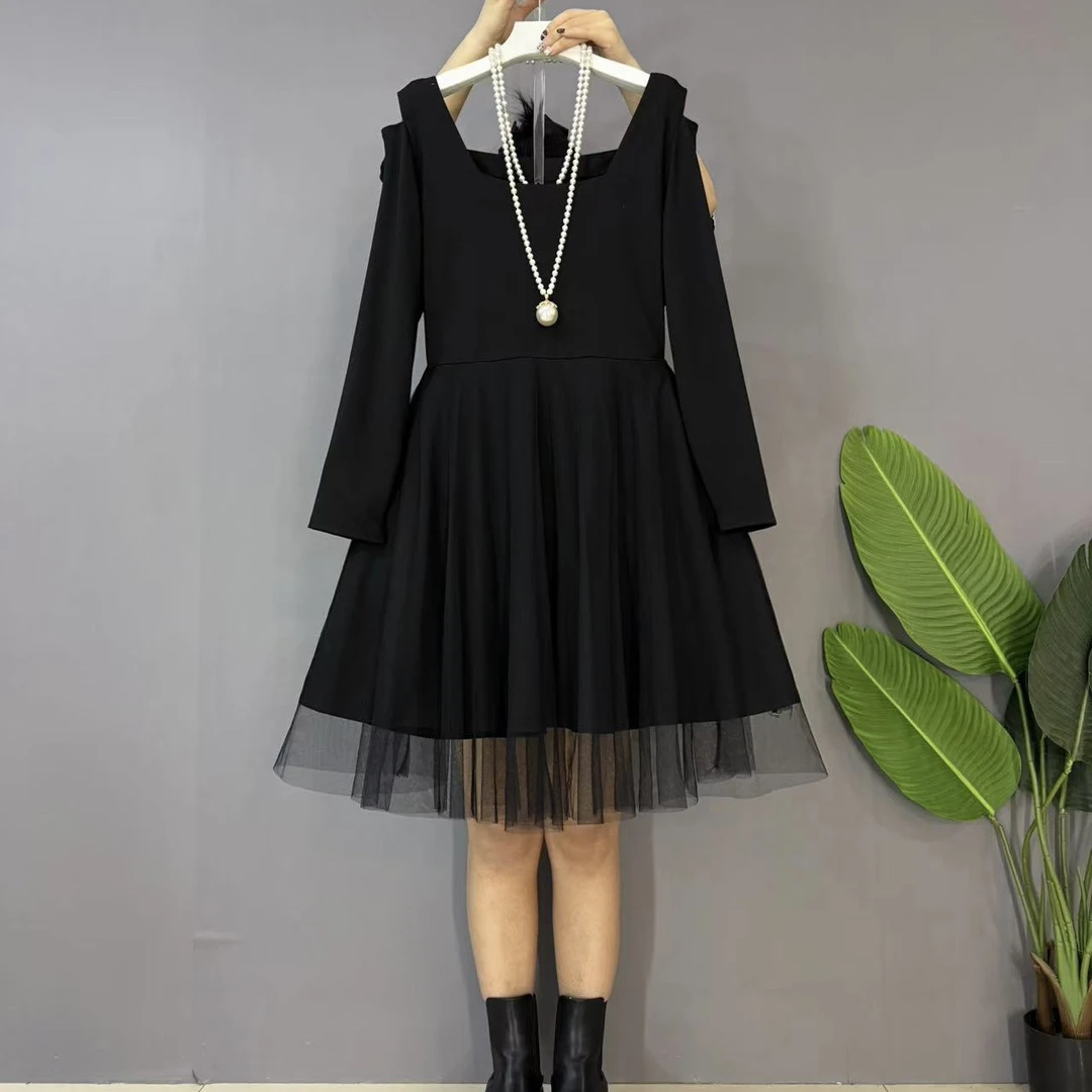 新款大码女装时尚洋气方领露肩蝴蝶结设计网纱拼接美背显瘦连衣裙