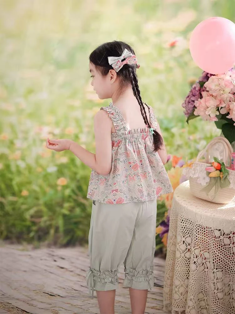 夏季新款儿童背心套装田园休闲套装女童洋气碎花套装