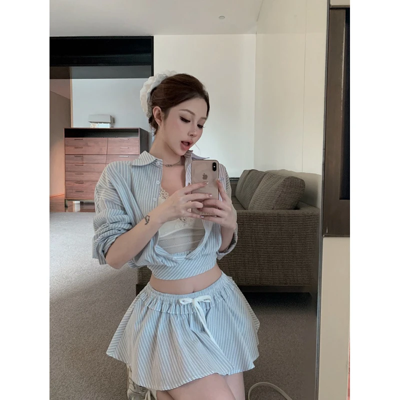 清冷系衣服蓝色条纹长袖衬衫抽绳短裙辣妹性感蕾丝吊带背心三件套