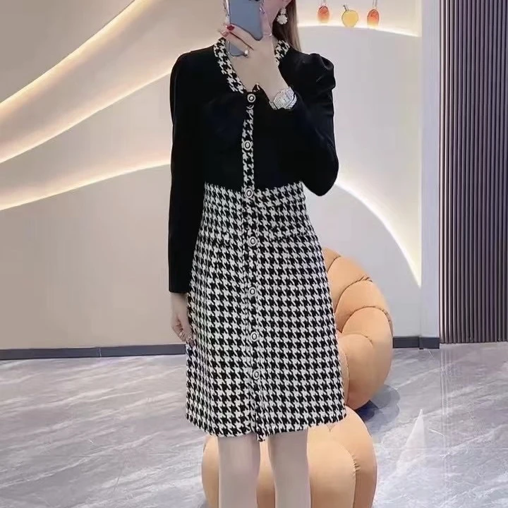 千鸟格小香风减龄连衣裙通勤V领春秋款连衣裙裙长90cm