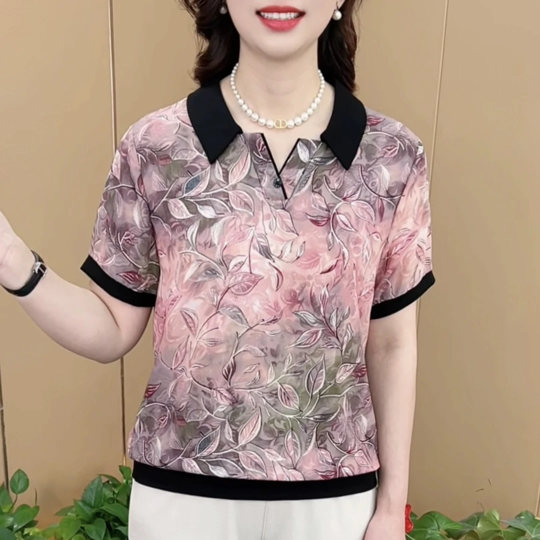 夏季新款时尚翻领洋气印花气质妈妈装遮肚显瘦休闲短袖上衣K927