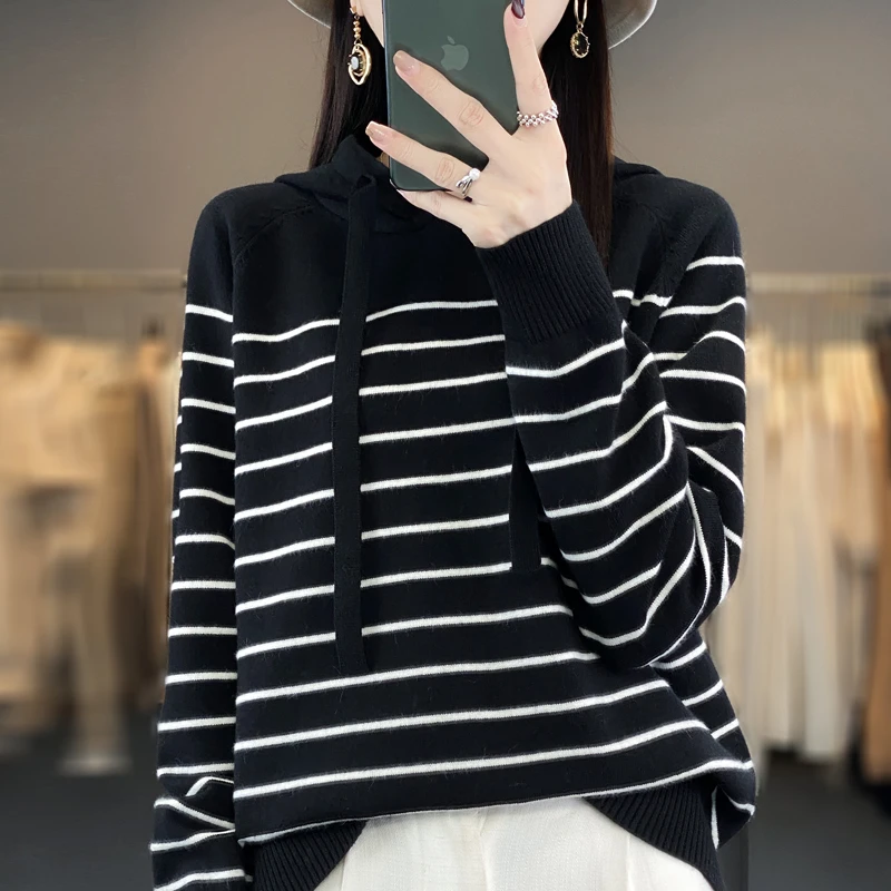 安迪绒时尚百搭韩版极简风连帽显瘦女通勤风条纹