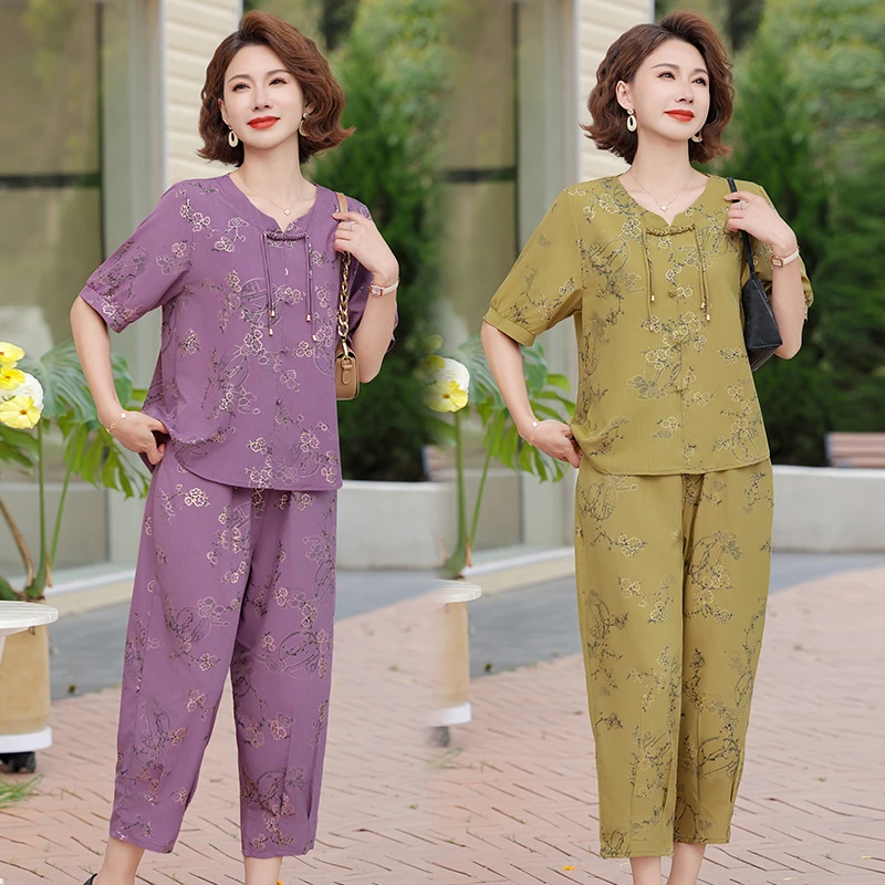 9302 妈妈装夏款短袖套装中老年女时尚休闲两件套新中式花色套装