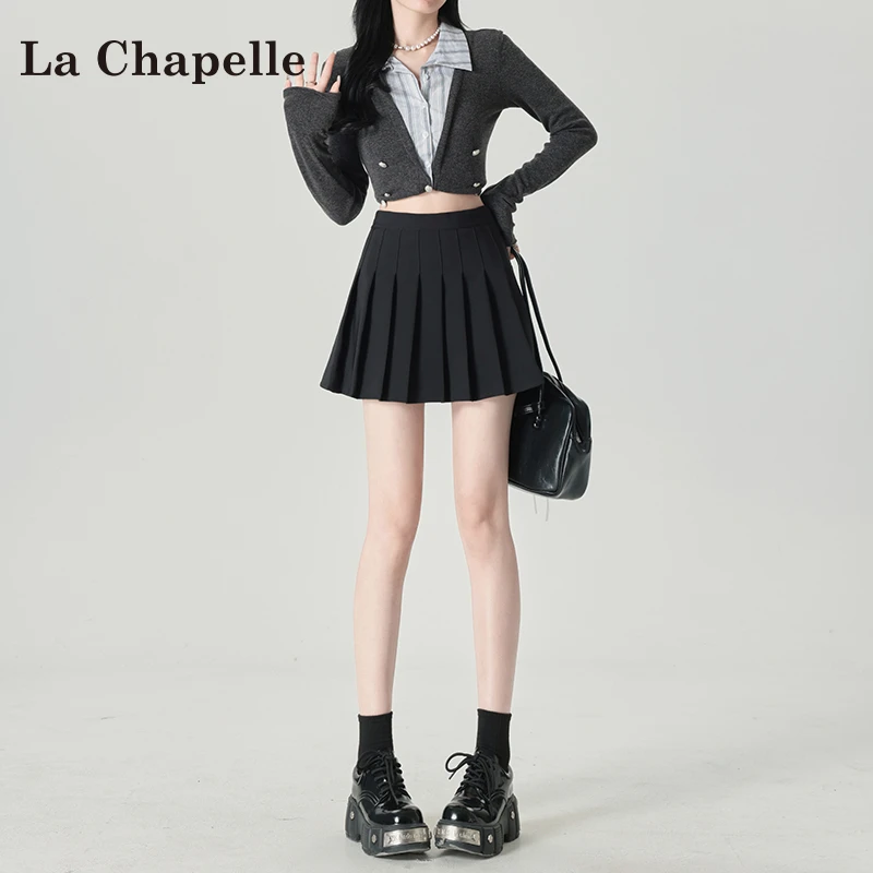 La Chapelle/拉夏贝尔高腰A字半身裙女春季弹力显瘦时尚百褶短裙