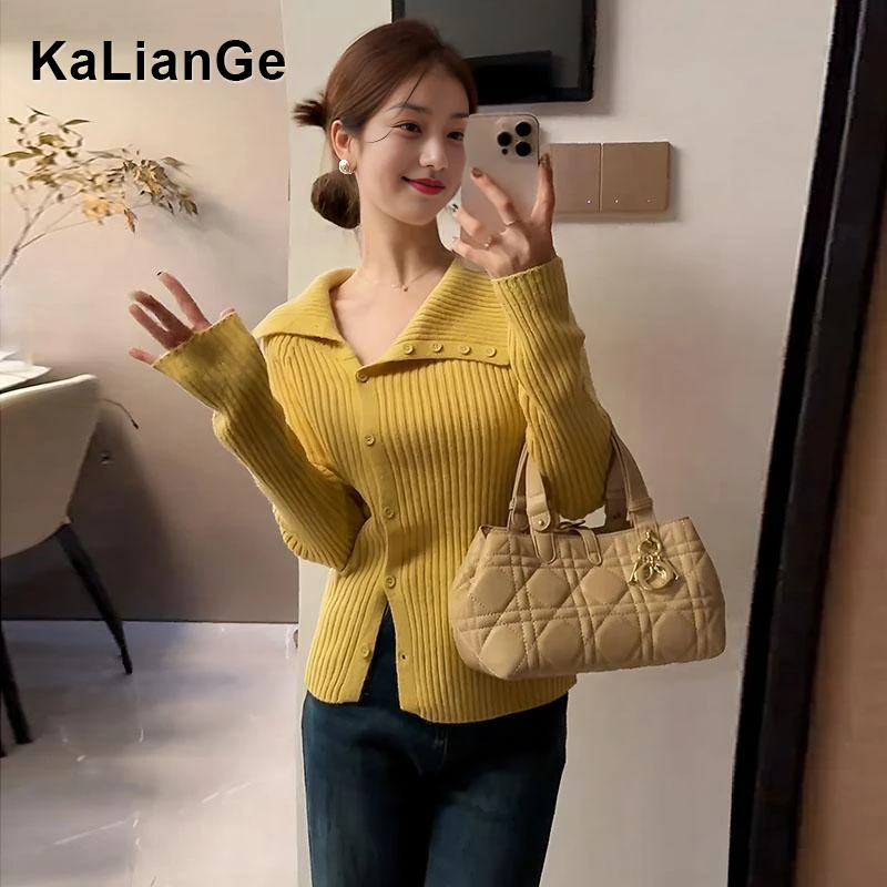 卡莲格/加厚保暖毛衣针织开衫女秋冬季不规则设计感翻领外套上衣