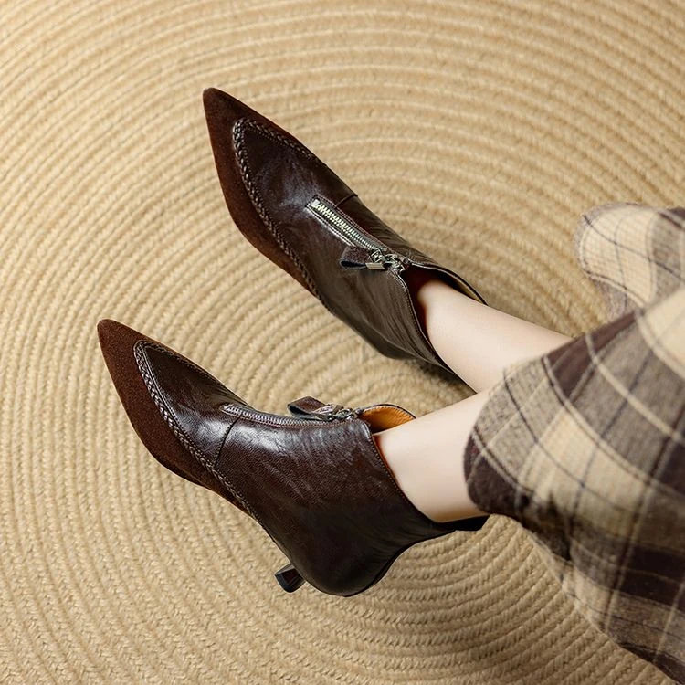 时尚百搭真皮英伦秋冬时装靴细跟简约时装靴气质单靴高跟尖头中跟