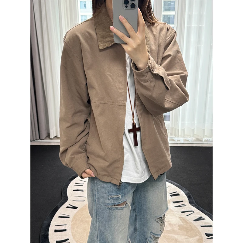 咖色复古短款底特律夹克秋季男美式翻领拉链工装夹克巴恩风短外套