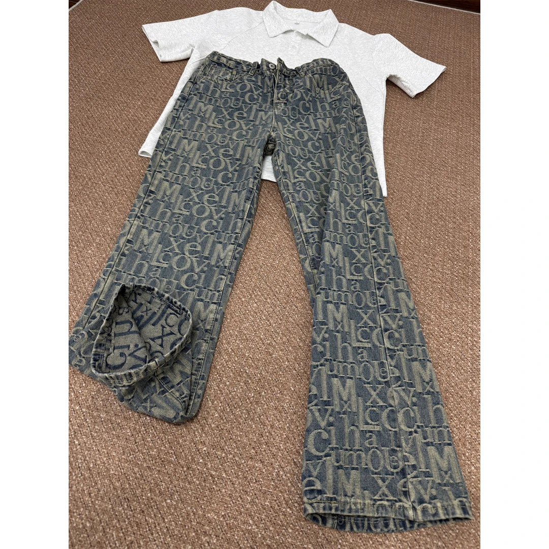 满印字母提花牛仔裤男夏季设计感美式高街vibe痞帅直筒阔腿微喇裤