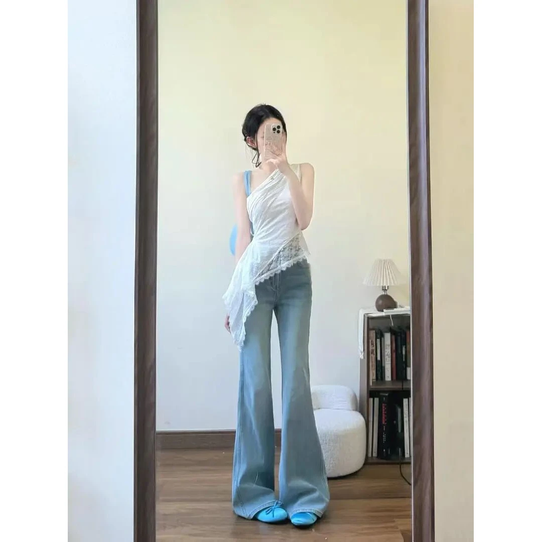 2025夏季小众女装不规则蕾丝拼接露肩无袖上衣复古水洗微喇牛仔裤