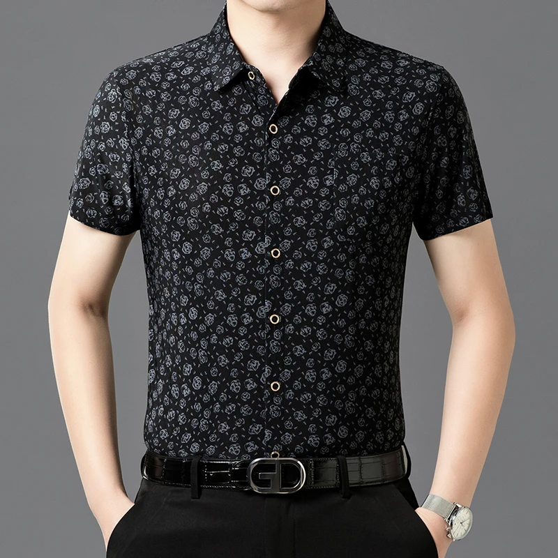 616新款高档男士短袖衬衫爸爸装弹力男装透气时尚高弹衬衣男寸衣