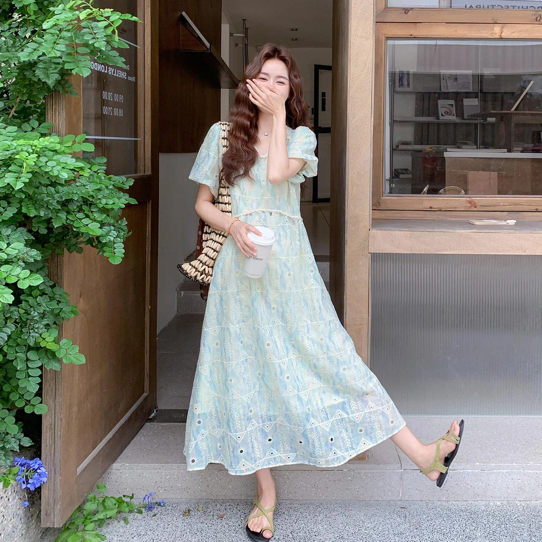 法式泡泡袖亮片连衣裙女夏2025新款超好看独特漂亮温柔风绝美长裙