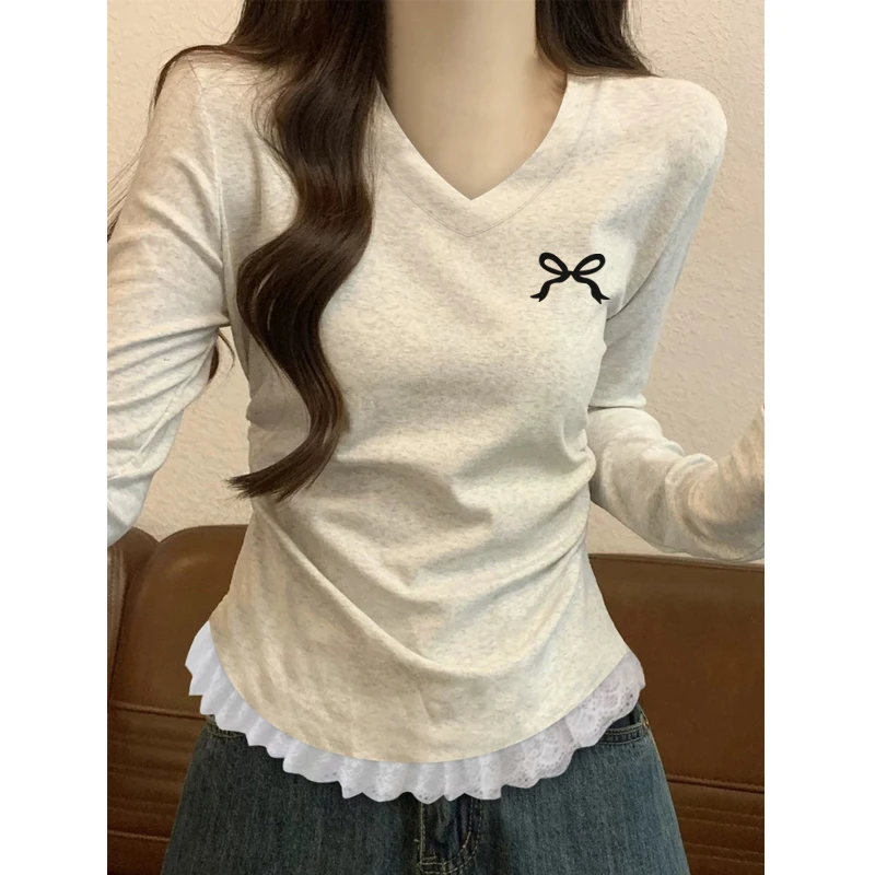 清仓捡漏~蕾丝边长袖T恤女早秋2025小众巨好看收腰内搭打底衫上衣